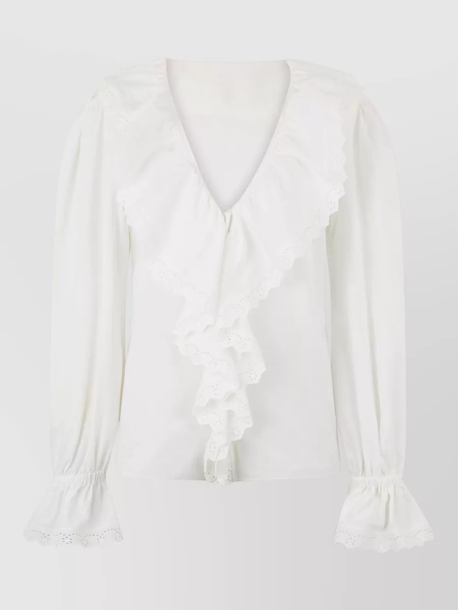 Alberta Ferretti cotton poplin lace trim v-neck blouse