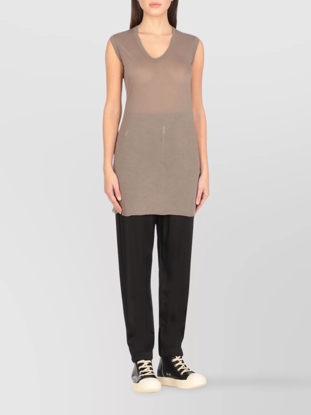 Rick Owens Cotton V Neck Longline Sheer Top