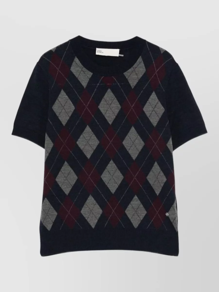 Tory Burch wool argyle short-sleeve crewneck sweater
