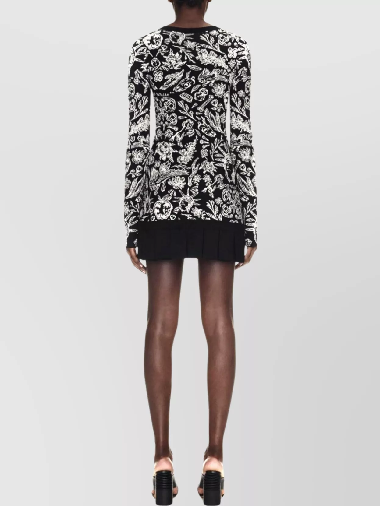 Off-White Crew Neck Floral Pattern Long Sleeves Dress