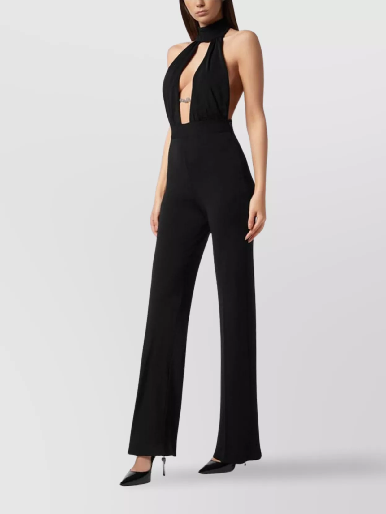 Philipp Plein Halter Neckline Cut-out Backless Wide Leg Dress In Black