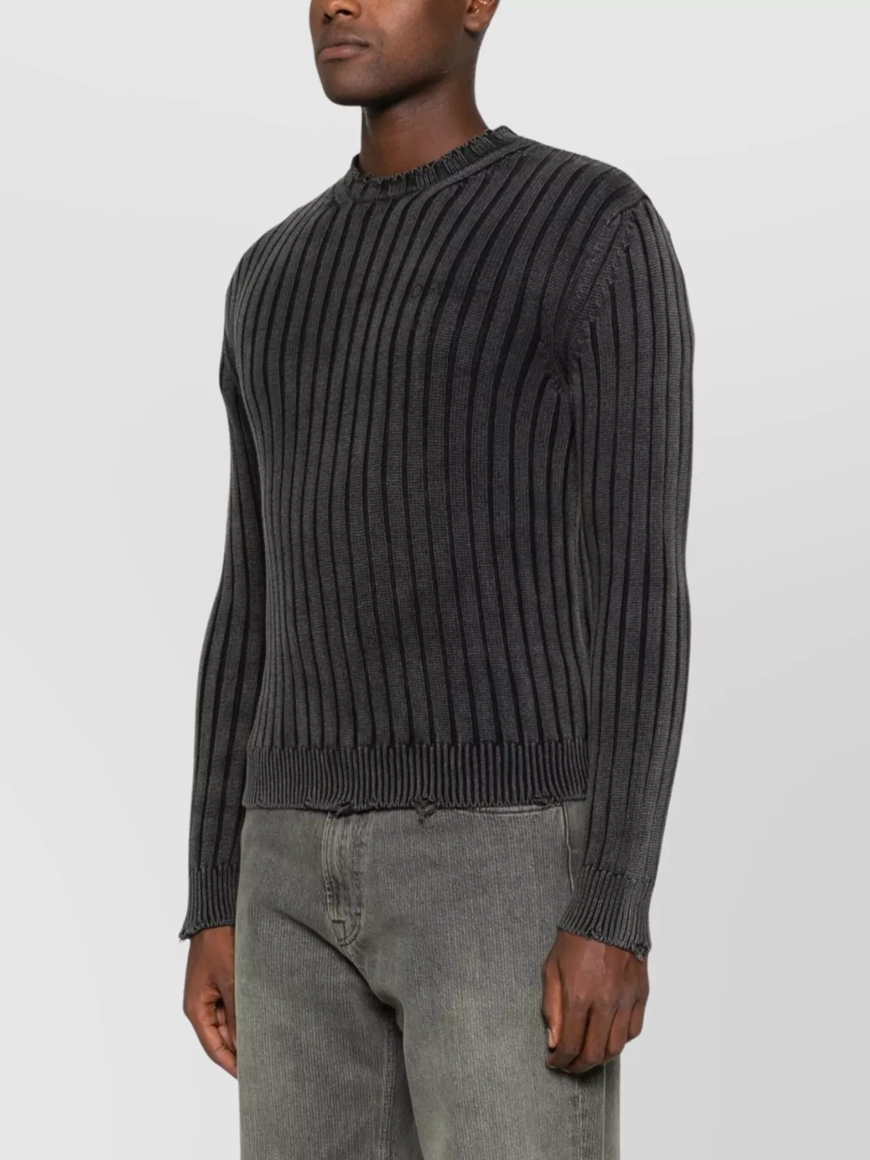 Off-White Crew Neck Long Sleeve Knitwear With Distressed Hem