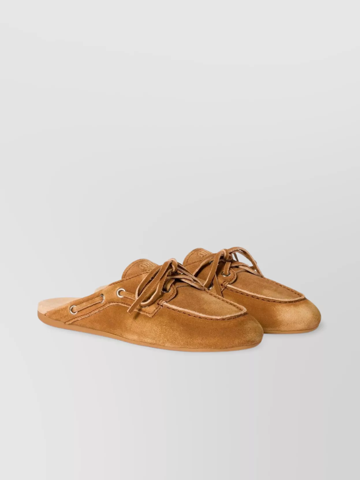 Miu Miu Faded Suede Lace Detail Round Toe Mules In Neutral