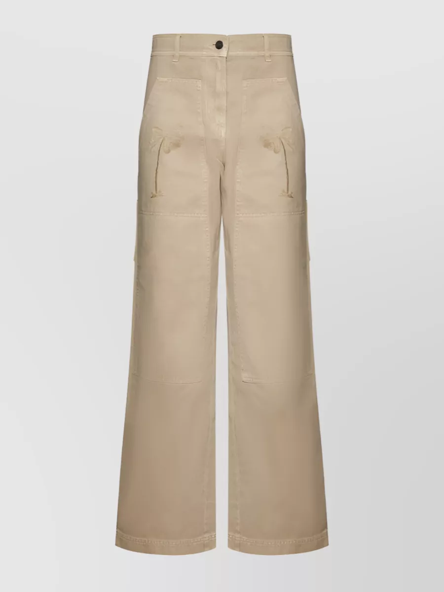 Shop Palm Angels Logo Tag Cotton Straight-leg Trousers In Cream
