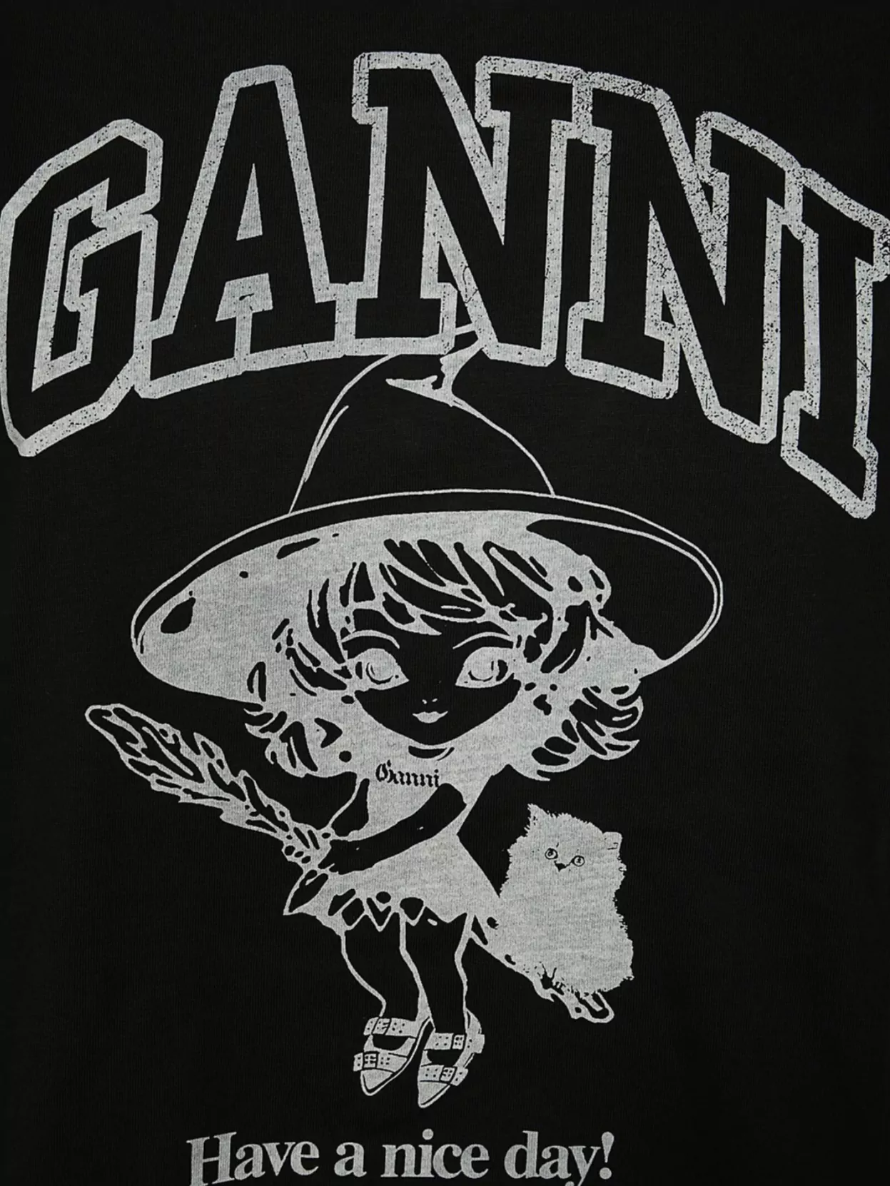 Ganni Black Crewneck T-shirt With Maxi Logo Lettering On The Front And Maxi Print On Front And Rear In Black