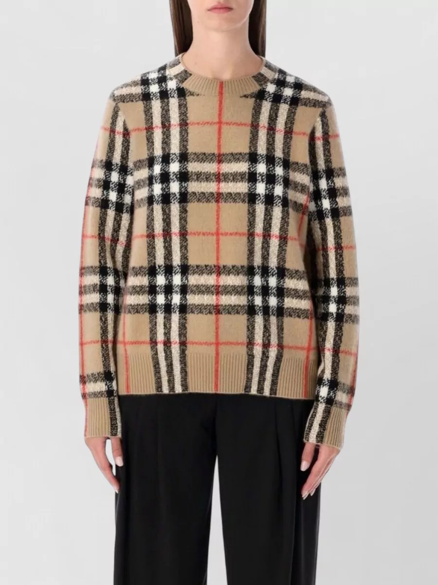 Burberry Cashmere wool checked ribbed crew neck long-sleeve jumper