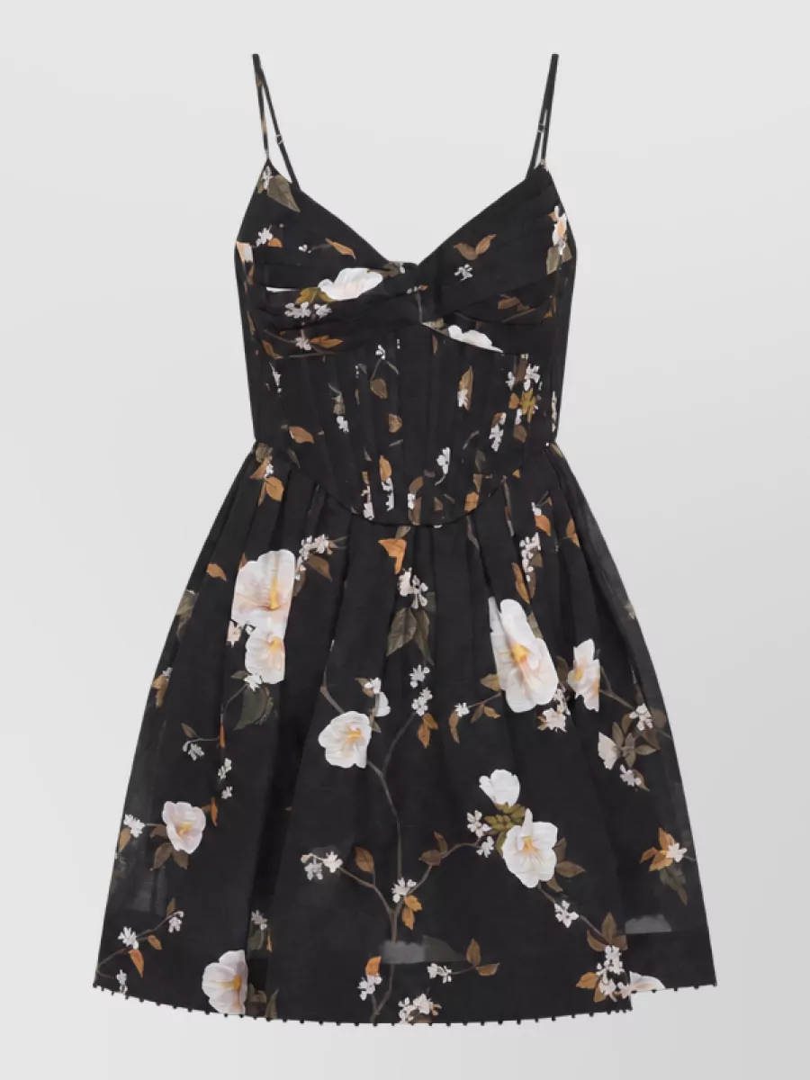 Zimmermann Silk Linen Floral-Print Draped V-Neck Panelled Corset Mini Dress