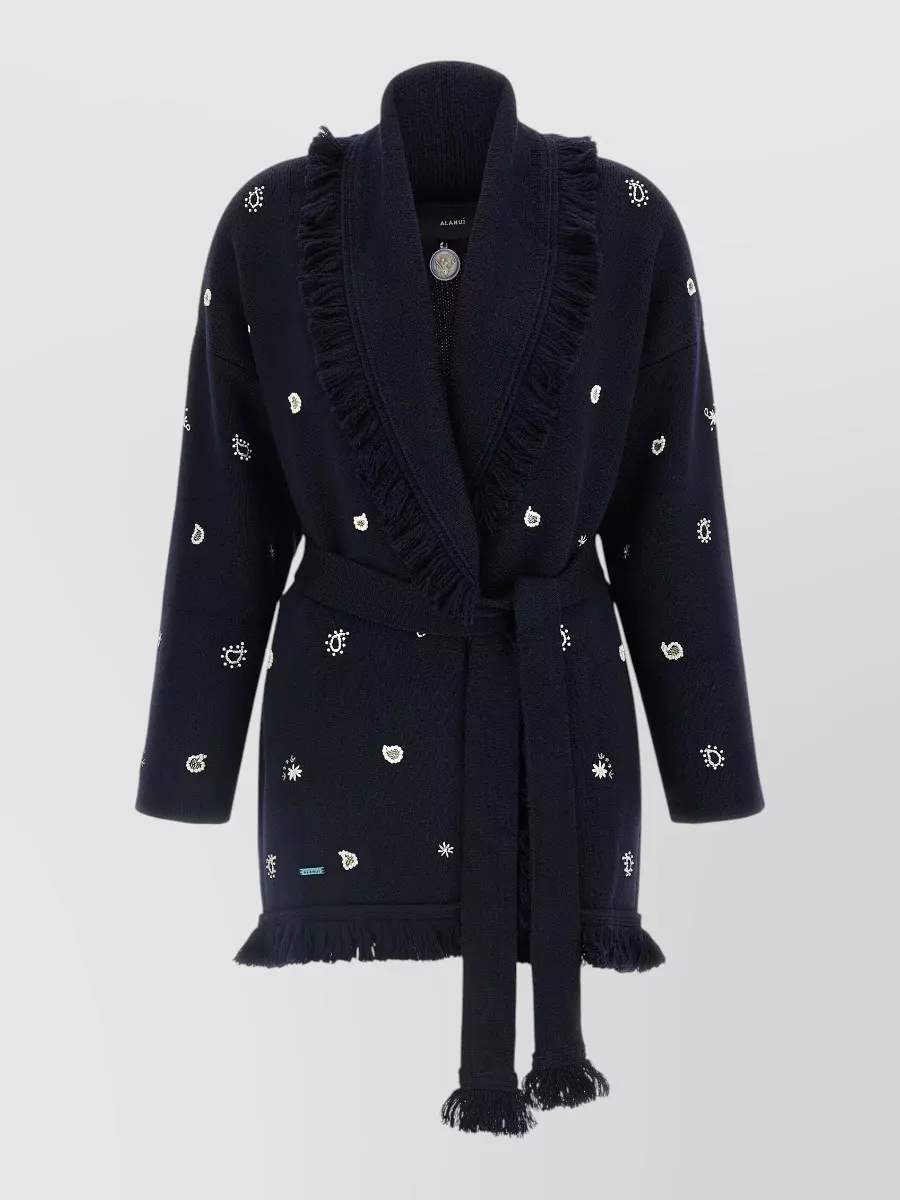 Alanui virgin wool belted fringed bandana-jacquard cardigan