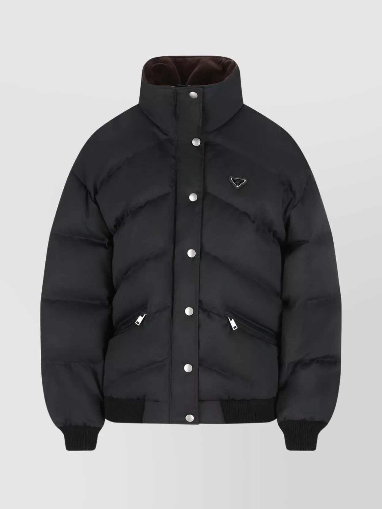 Prada Padded High Collar Coat With Zippered Pockets In Black