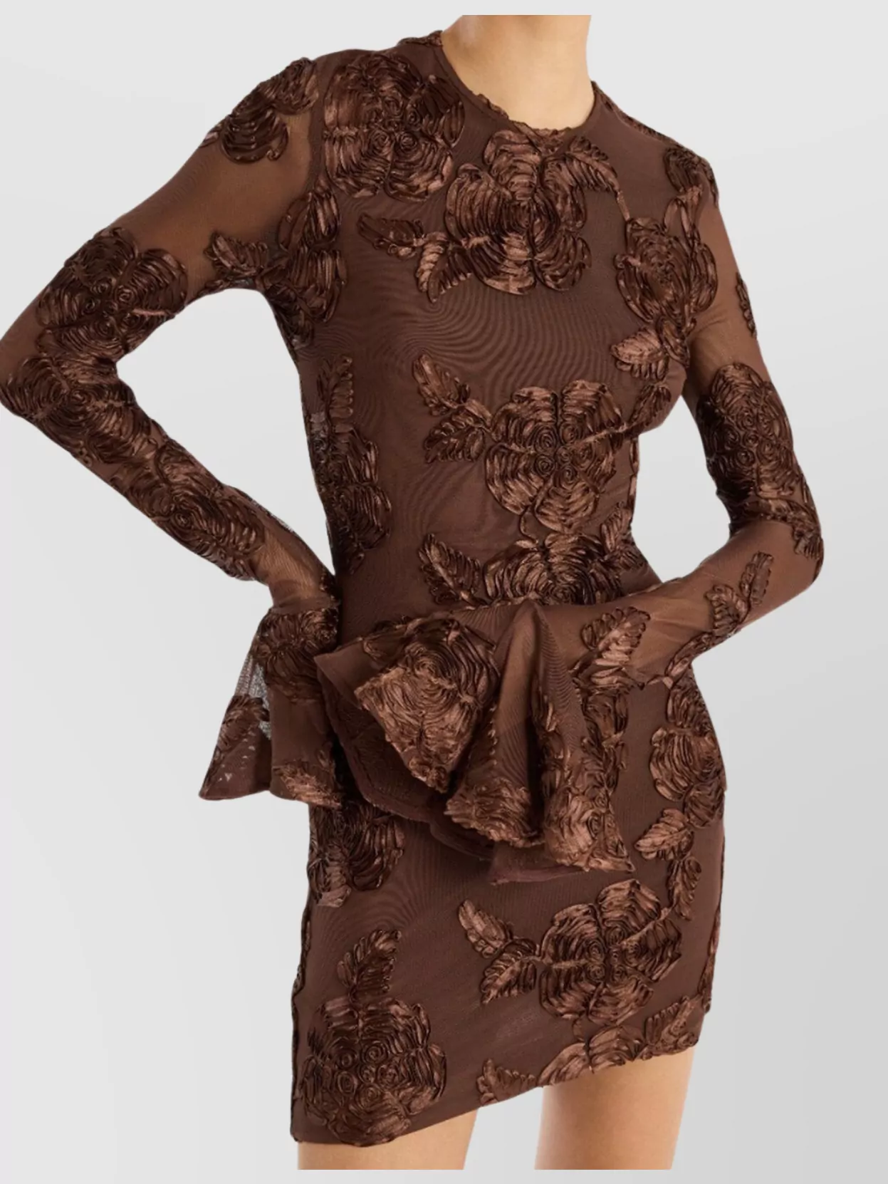 Rotate Floral Embroidered Dress Sheer Sleeves