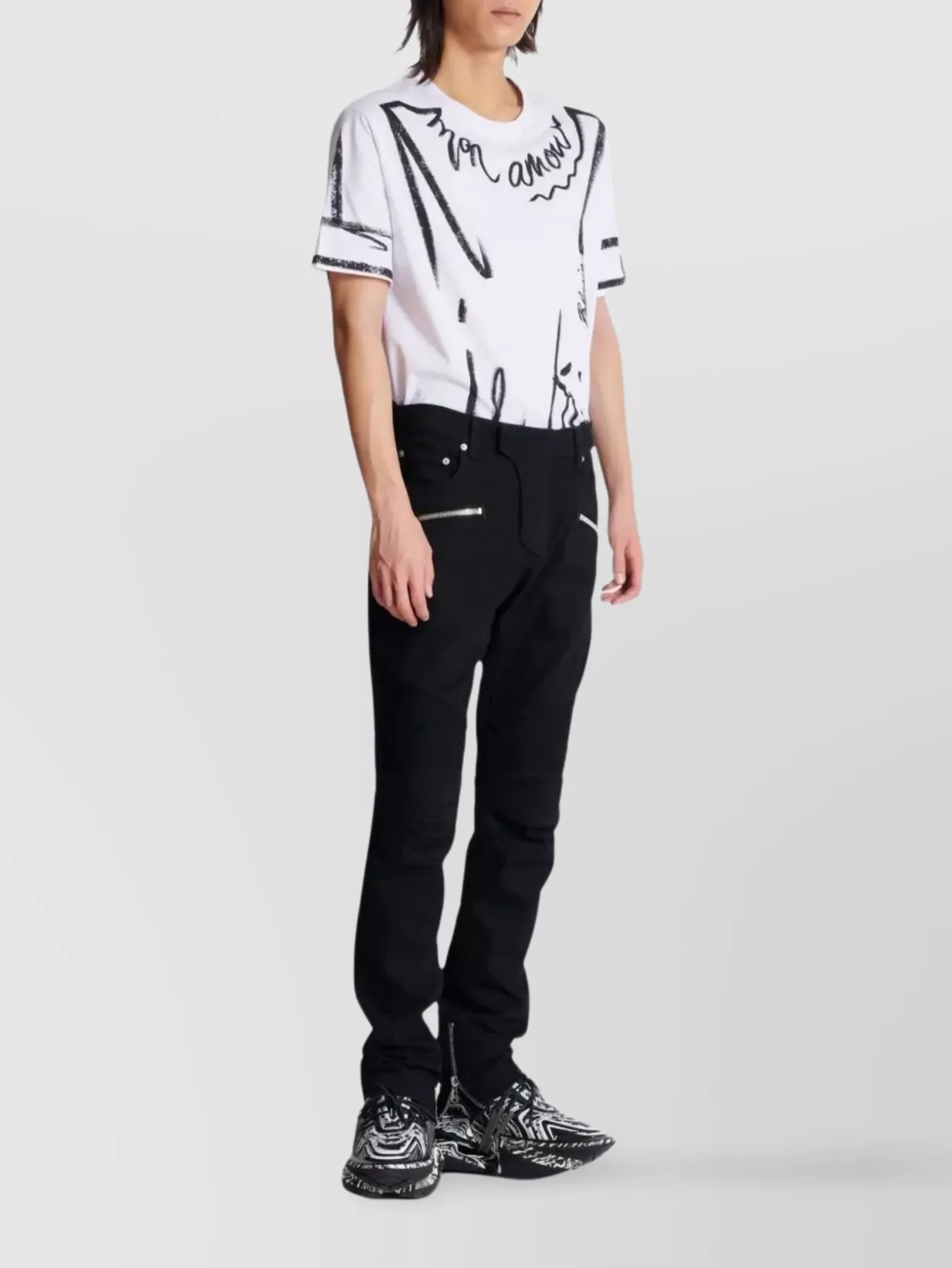 Shop Balmain Slim Biker Jeans Zipper Pockets In Black