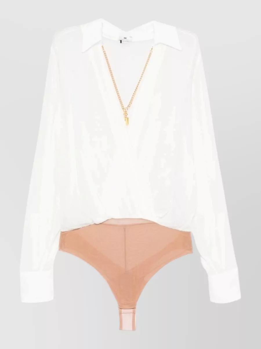 Elisabetta Franchi sheer chain-detail wrap-front long-sleeve bodysuit