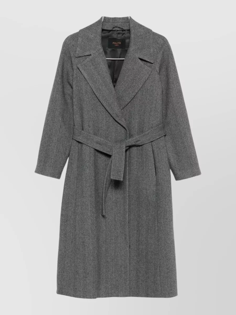 Paltò wool herringbone belted single breasted coat