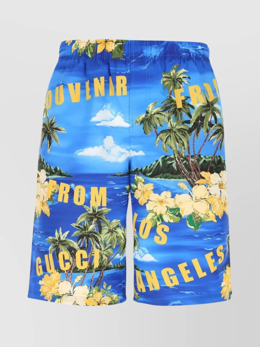 Shop Gucci Waistband Swim Shorts With Floral And Graphic Prints In Blue