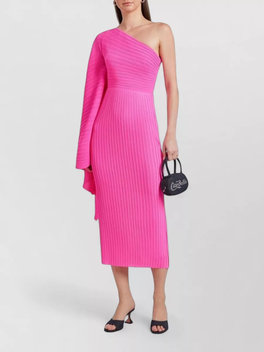 Solace London Ribbed One-Shoulder Long-Sleeve Midi Dress
