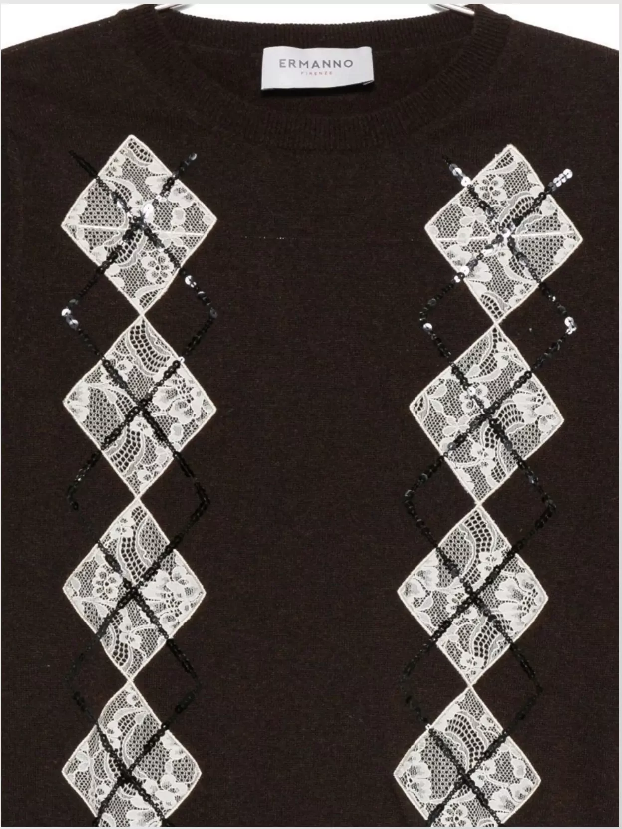 Ermanno Firenze Short Sleeve Crew Neck Argyle Knitwear Embellished