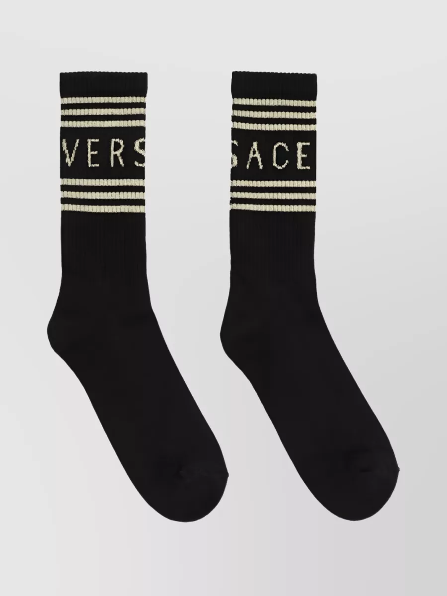 Shop Versace Stretch Logo Ribbed Knit Socks In Black