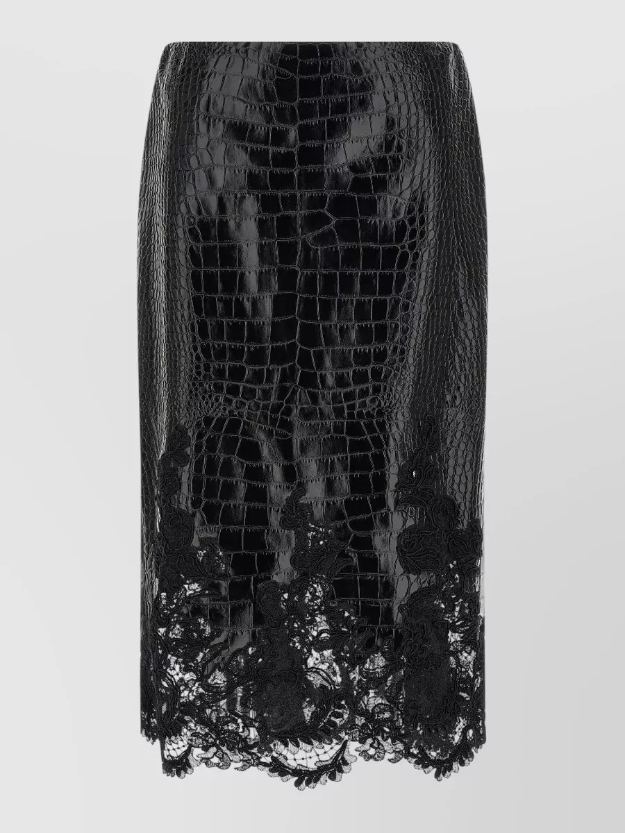Ermanno Scervino leather crocodile-print lace-trim midi pencil skirt