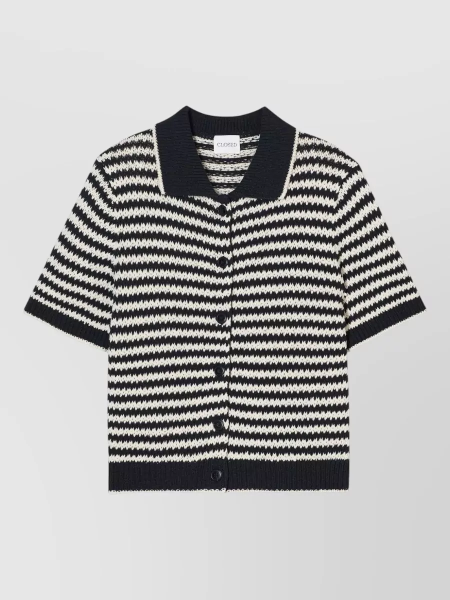 Closed Striped Cotton Short-Sleeve Knitted Cardigan