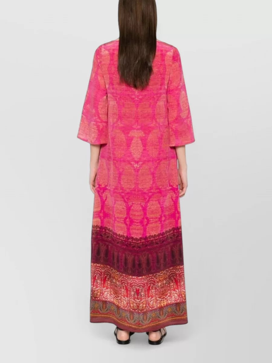 Pierre Louise Mascia Silk Printed Boat Neck Three Quarter Sleeve Maxi Dress
