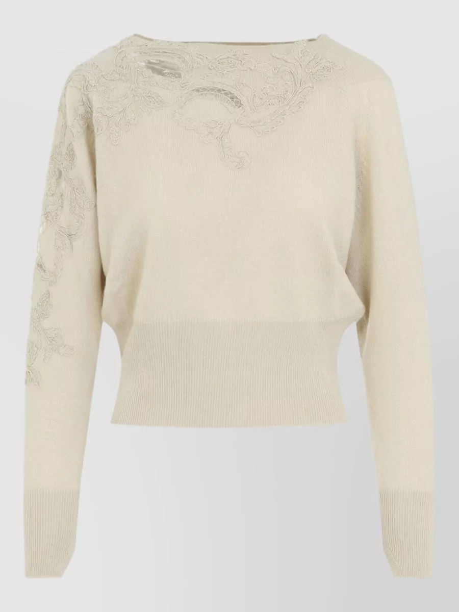 Ermanno Scervino Cashmere Fine-Knit Lace-Appliqué Boat Neck Sweater