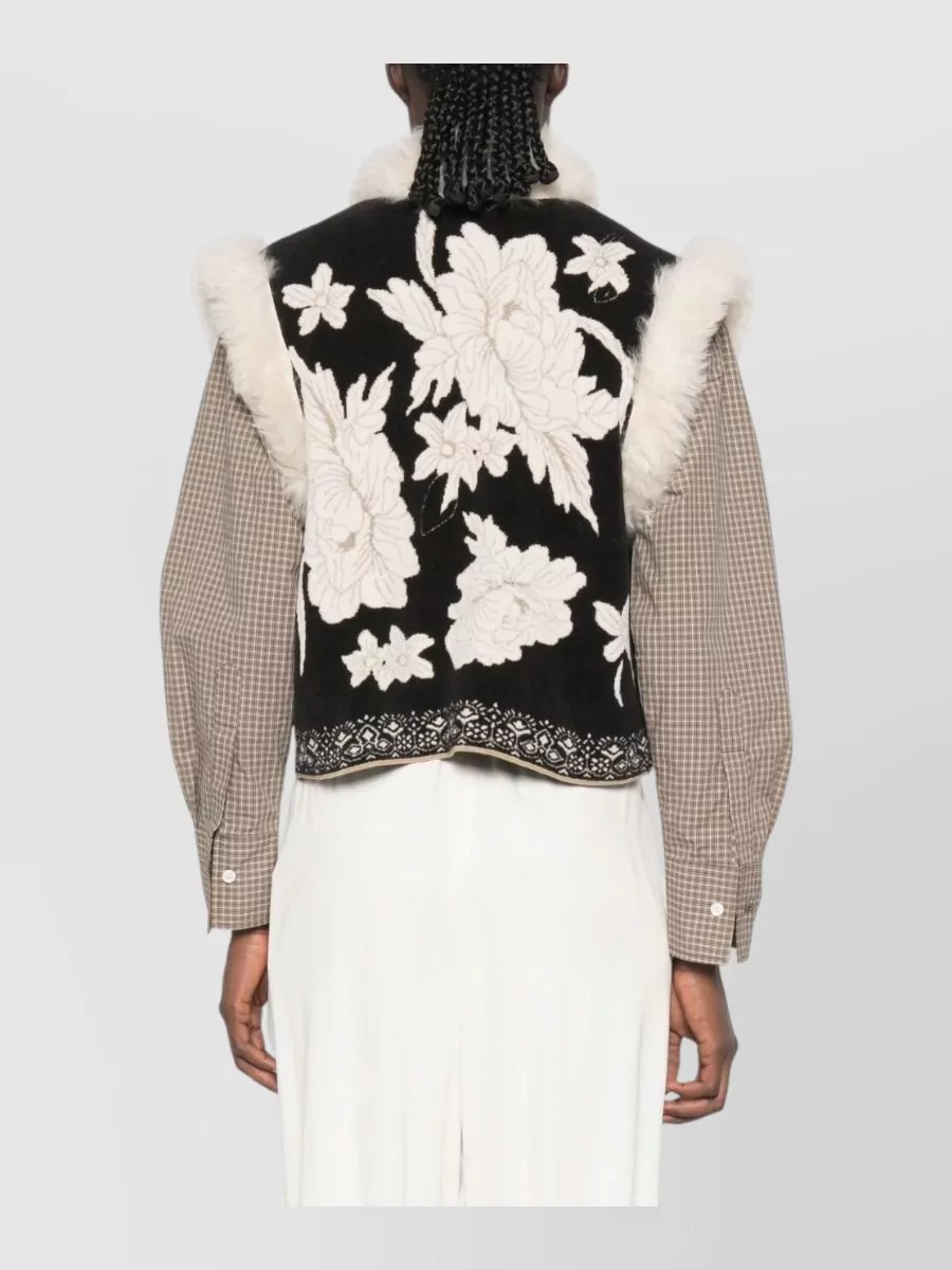 Forte Forte Floral Embroidered Faux Fur Trim Sleeveless Vest