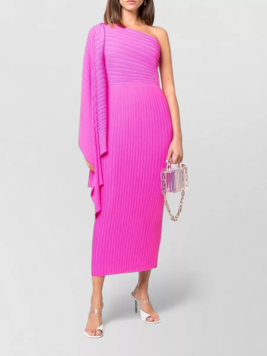 Solace London Draped Ribbed One-Shoulder Long-Sleeve Midi Dress