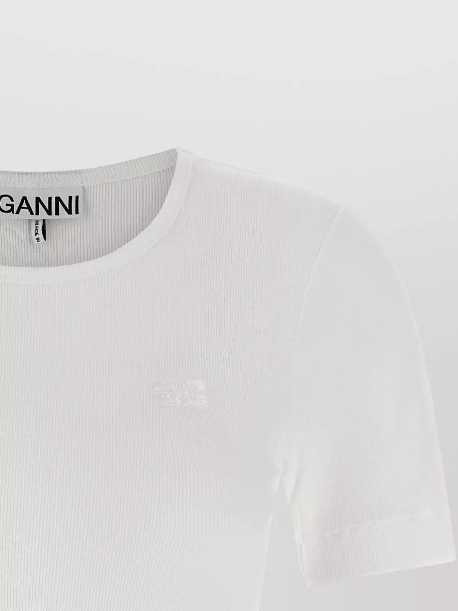 Ganni Logo Embroidered Crew Neck Ribbed T Shirt