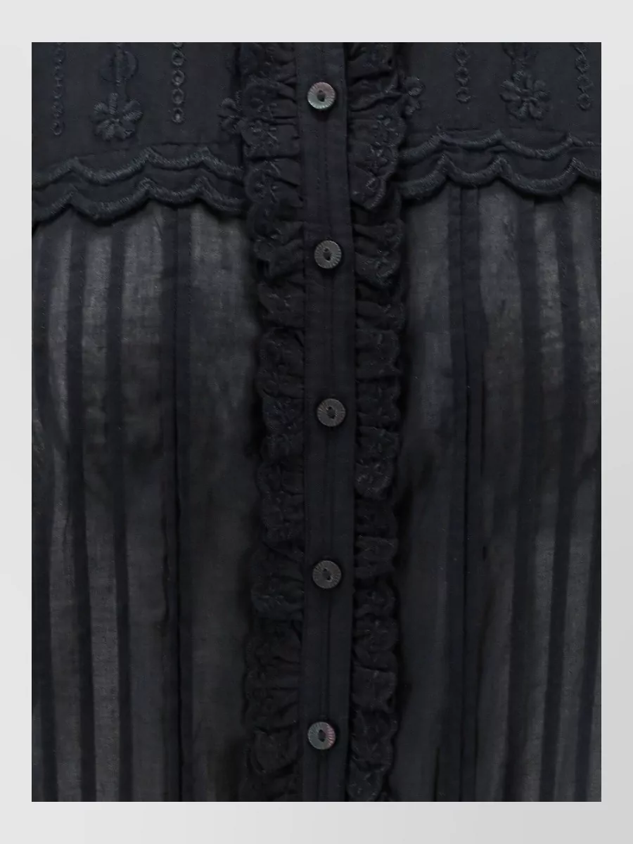 Isabel Marant Etoile Cotton gathered midi shirt dress — The romantic black midi dress E mirrors the jacket’s ornate embroidery and formality, creating a cohesive boho-tailored story in a rich dark palette without competing prints or loud color.