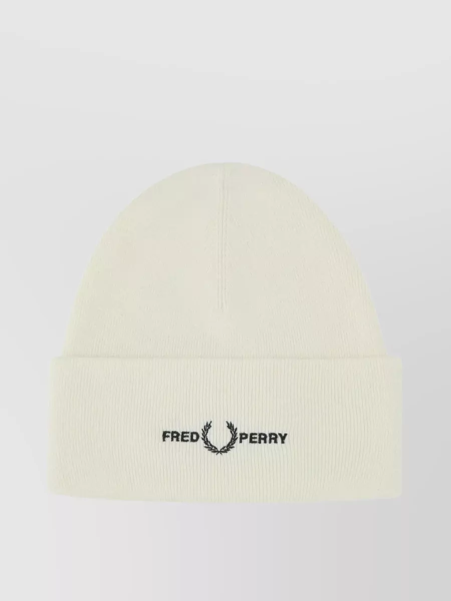 Shop Fred Perry Foldable Ribbed Cuffed Beanie In White