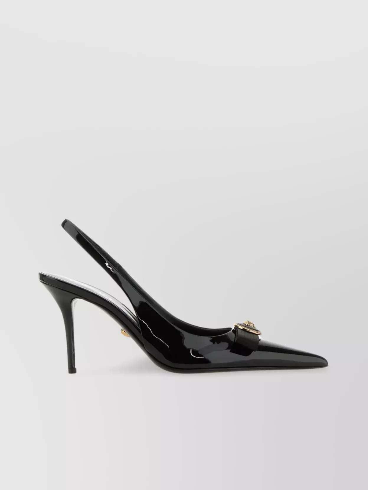 Shop Versace Pointed Leather Stilettos With Metal Embellishment In Black