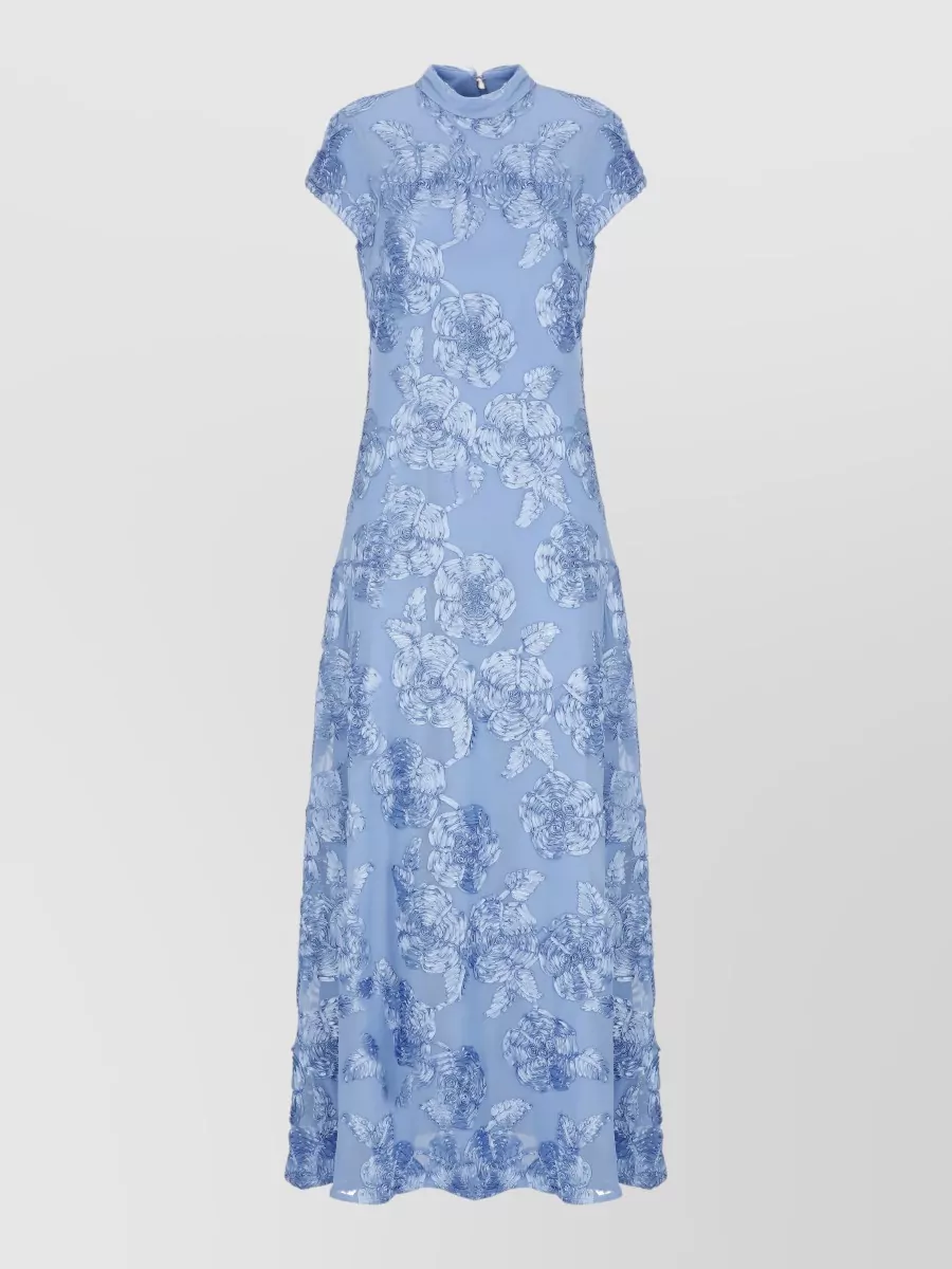 Rotate Floral-Embroidered Short-Sleeve Mock-Neck Maxi Dress