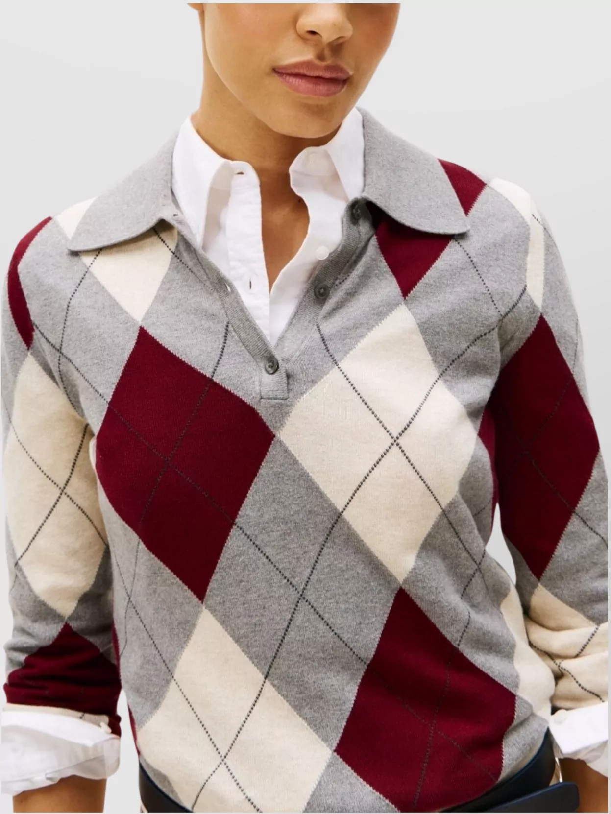Tommy Hilfiger Argyle Pattern Collared Cotton Long Sleeve Top