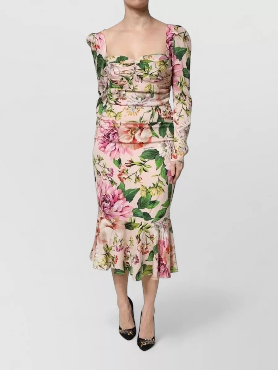 Dolce&Gabbana silk floral-print long-sleeve square-neck midi dress