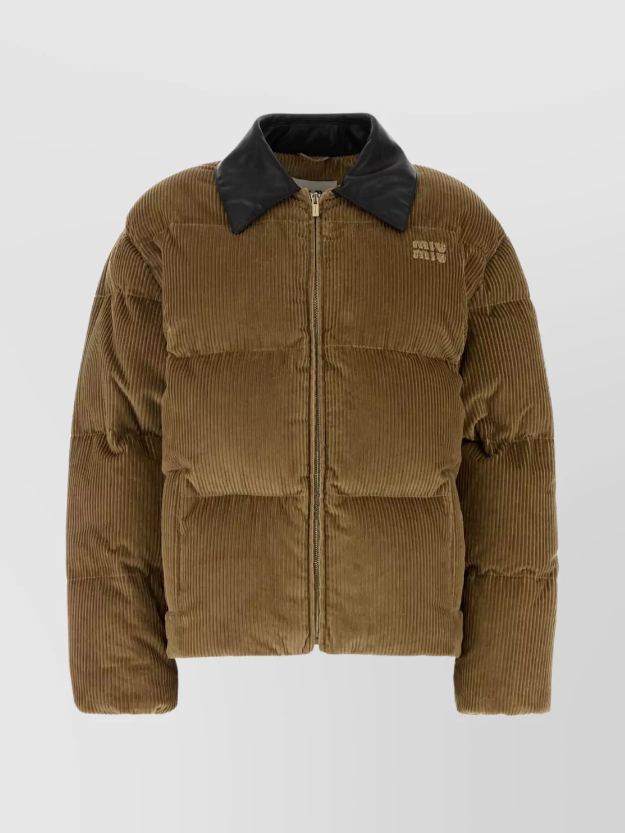 Miu Miu Corduroy Padded High Collar Down Jacket In Brown