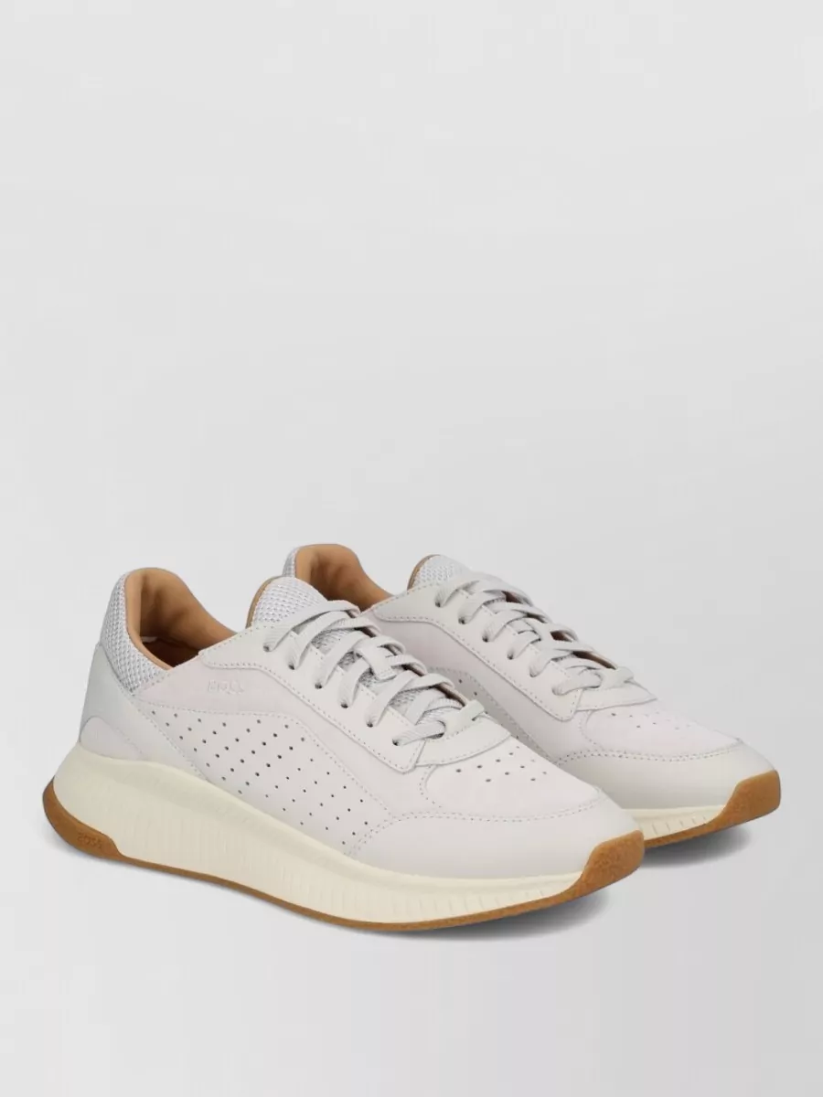 Boss Leather Sneakers Low Profile Contrast Sole Perforated
