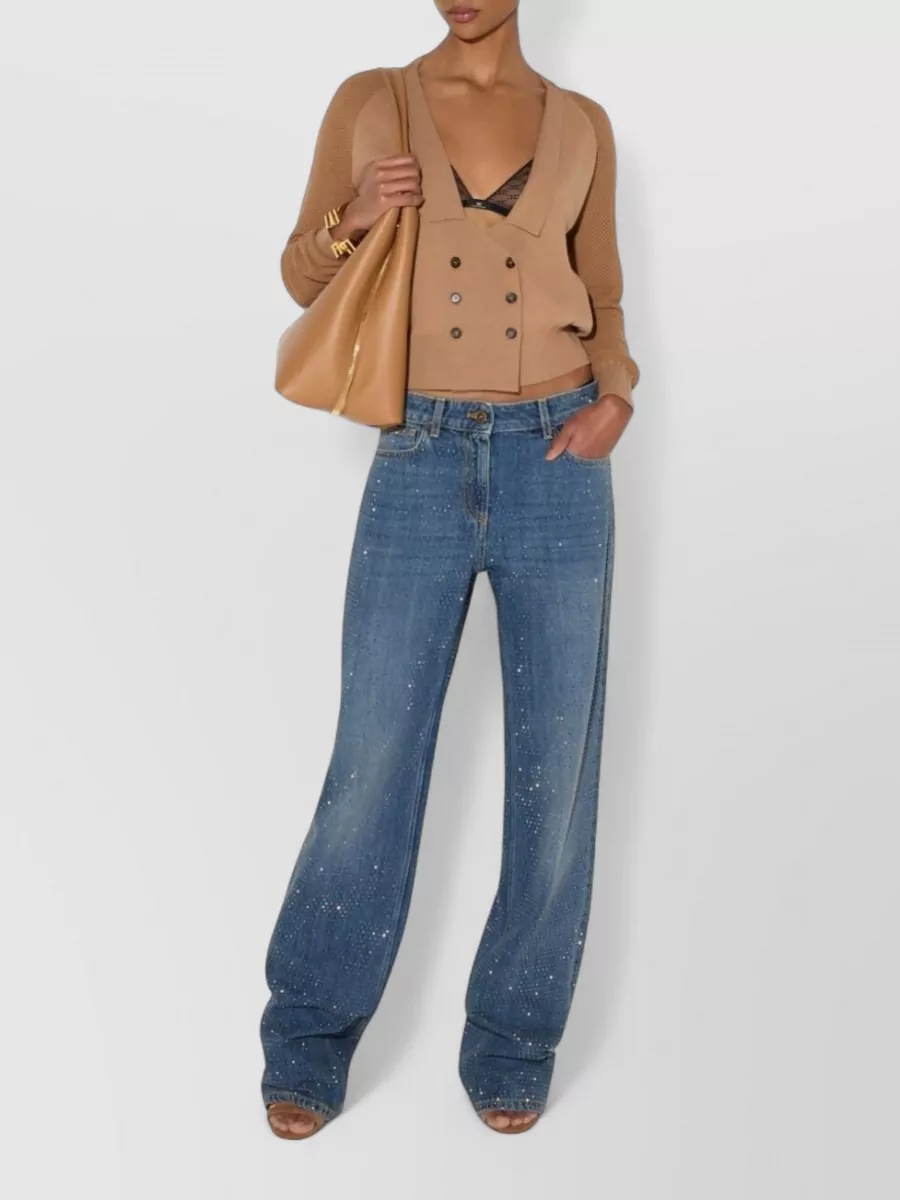 Elisabetta Franchi Rhinestone-Embellished Low-Rise Wide-Leg Denim Jeans