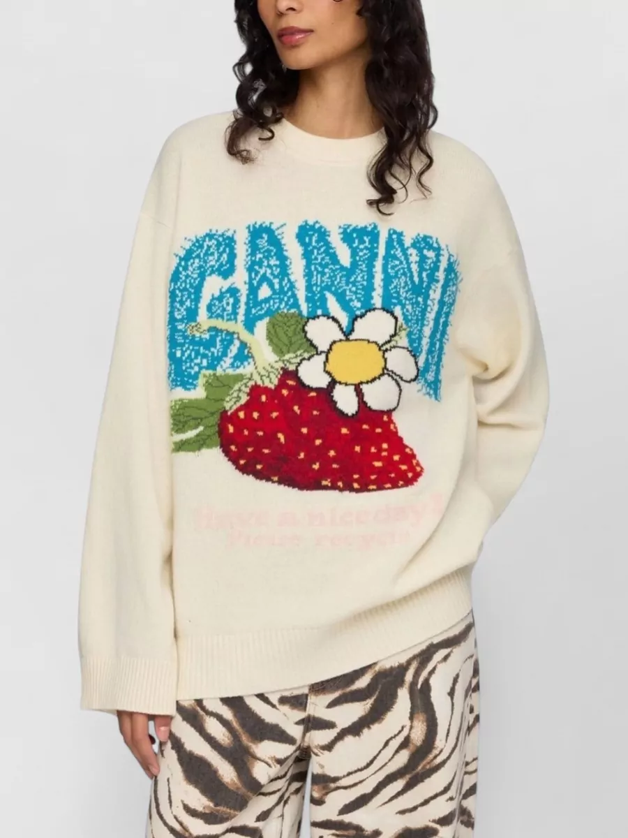 Ganni Wool Oversized Strawberry Intarsia Crewneck Sweater