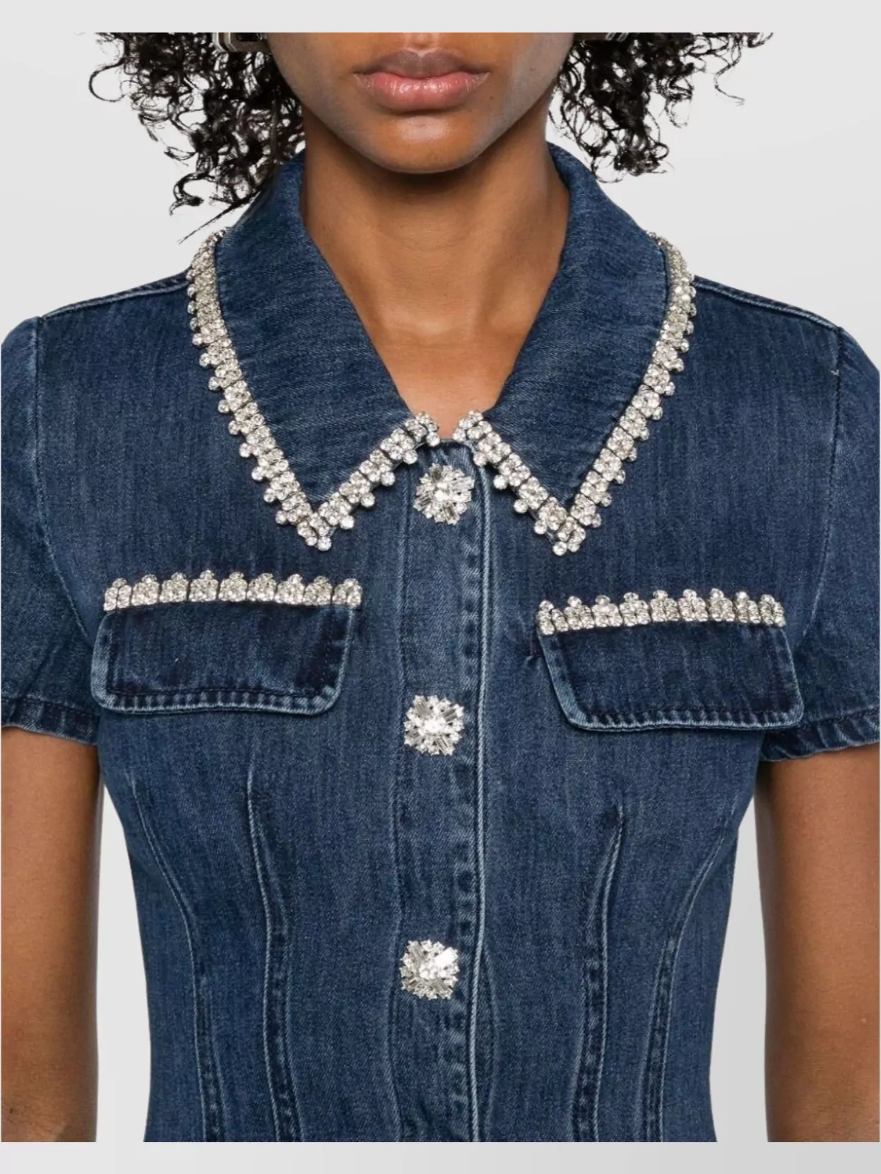 Self-Portrait Crystal Button Embellished Denim Mini Dress