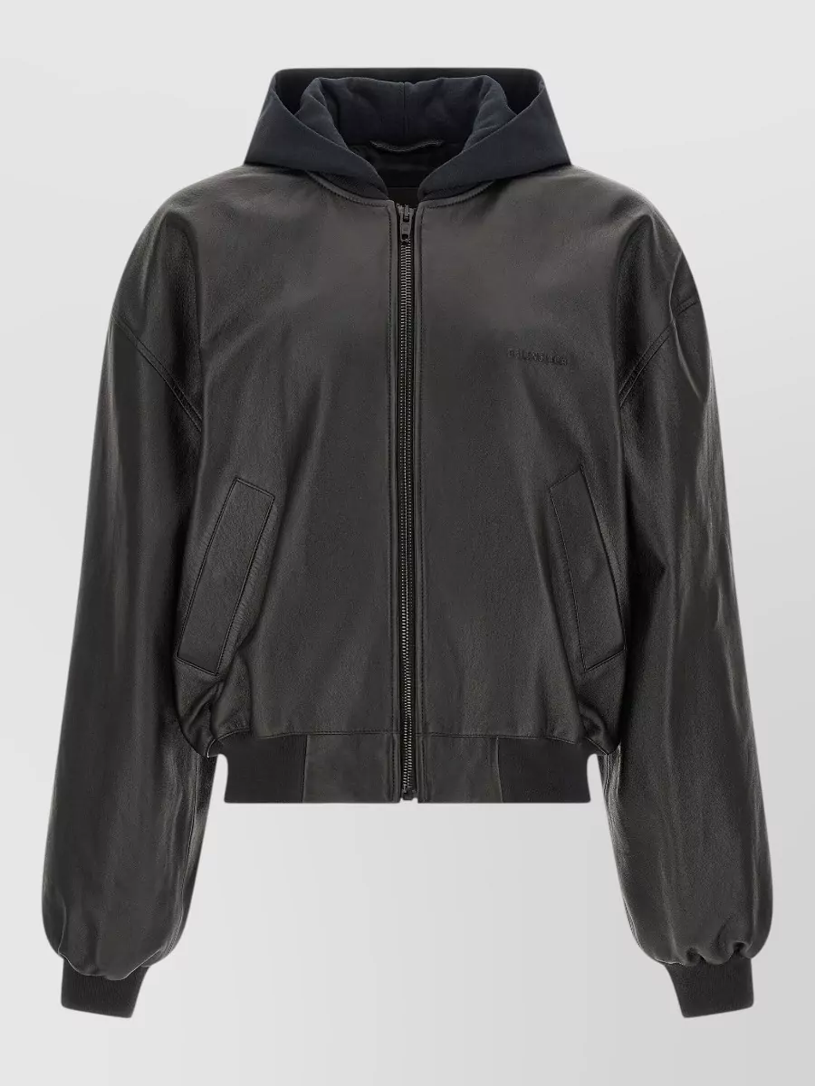 Balenciaga lamb leather hooded bomber jacket