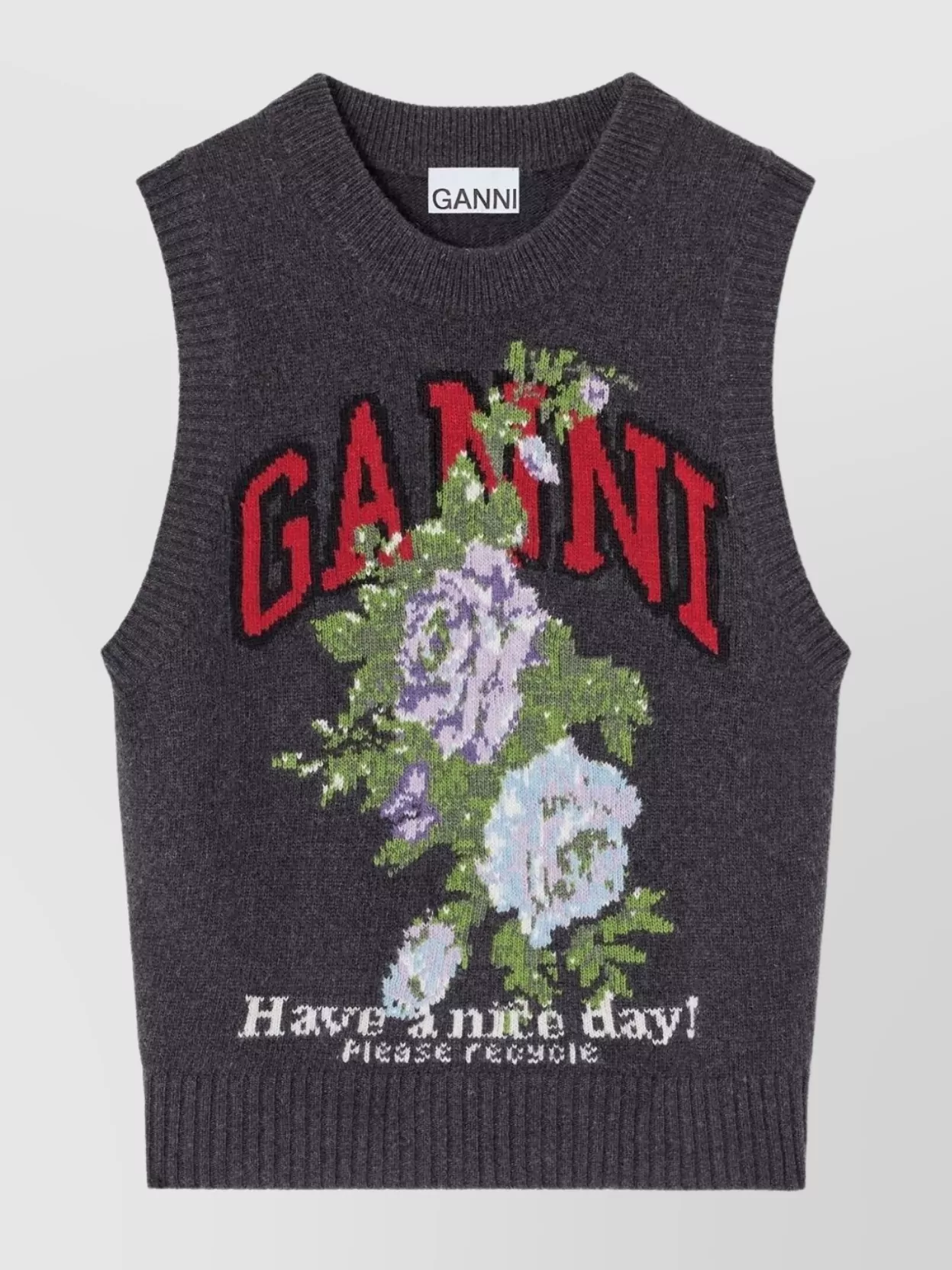 Ganni Floral Embroidered Wool Sleeveless Top In Brown