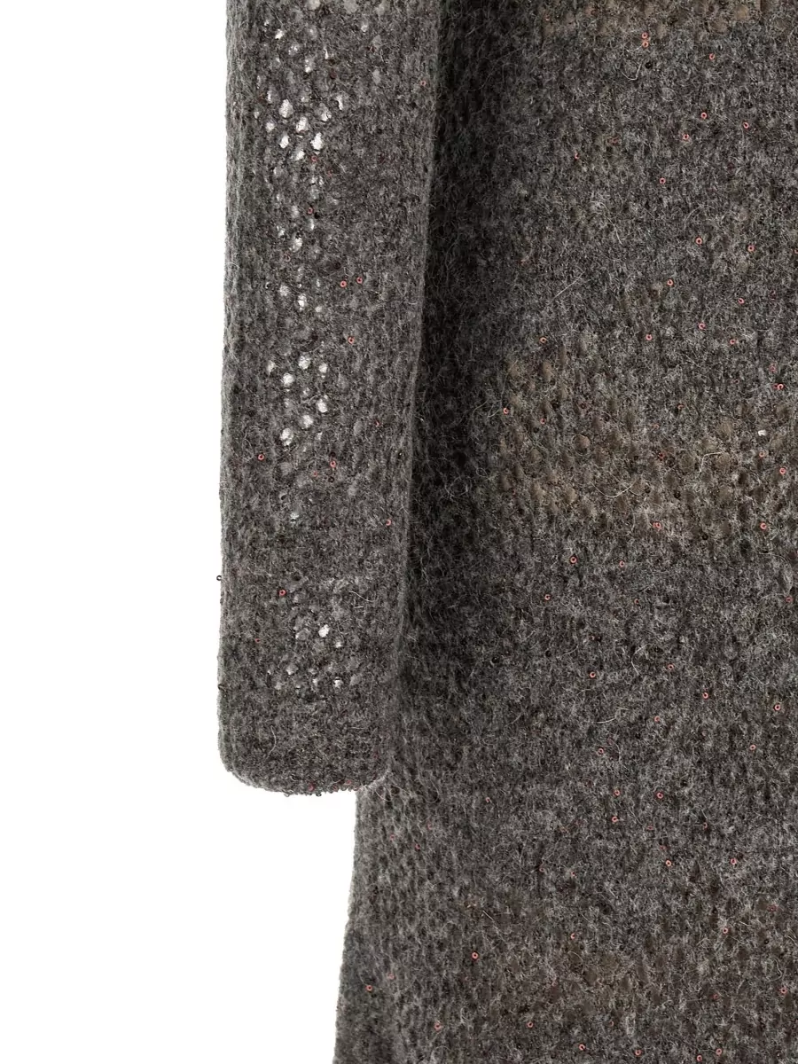 Brunello Cucinelli Mohair Wool Floral Lace V-Neck Long-Sleeve Knitted Maxi Dress