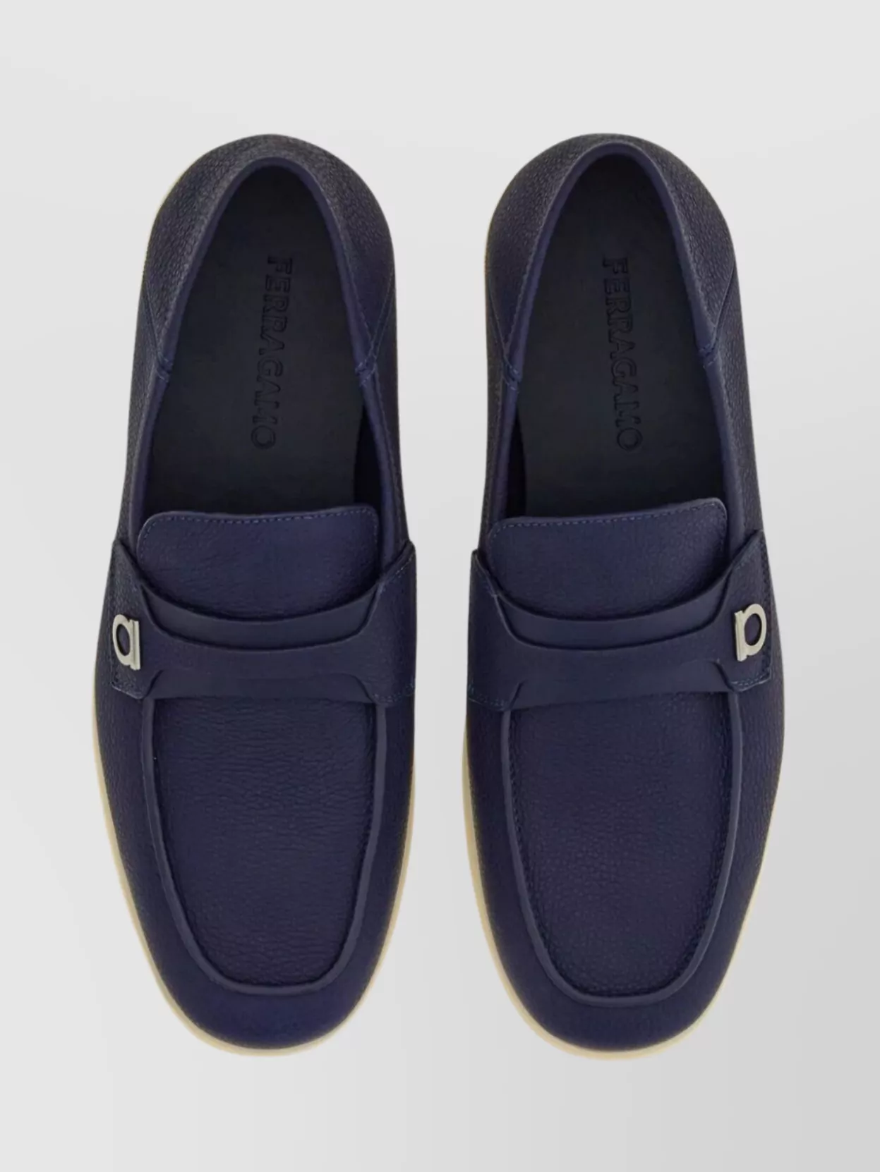 Ferragamo Leather Loafers With Gancini Ornament In Blue