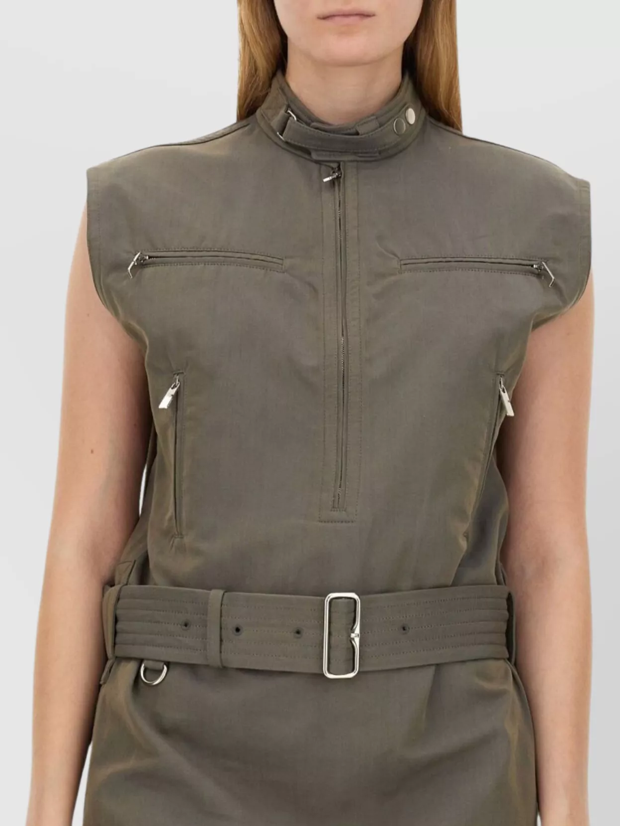 Burberry Linen Dress With Belted Waist And High Collar