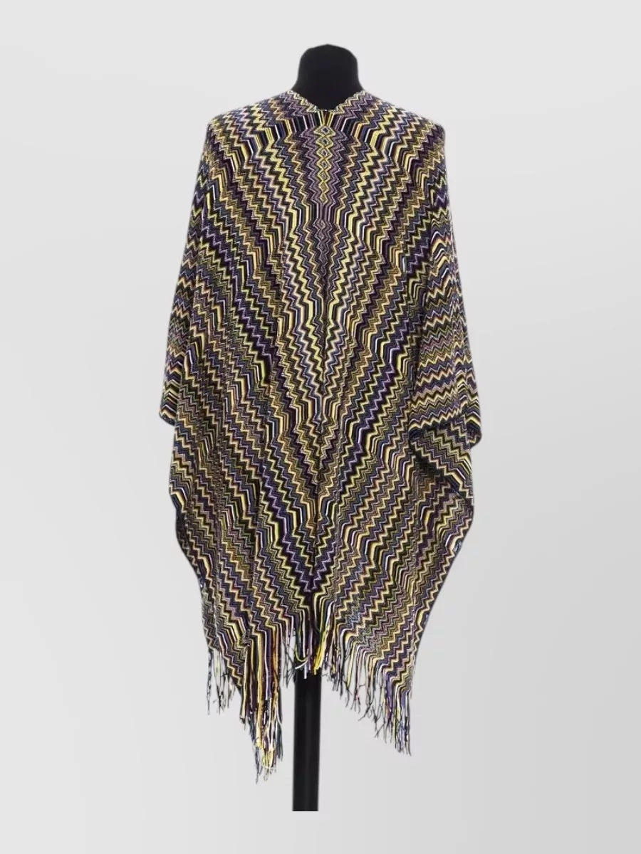 Missoni wool zigzag knit fringed poncho