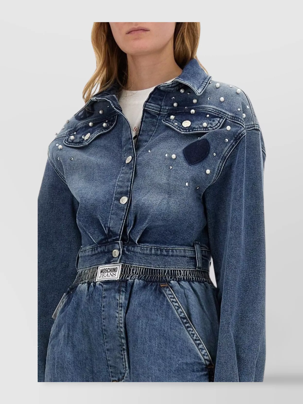 Moschino Distressed Logo Shirt Pearl Embellishments