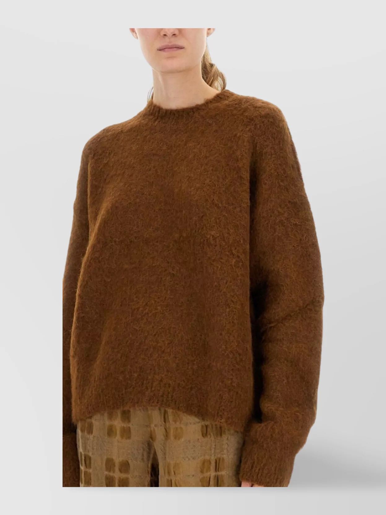 Uma Wang Fuzzy Texture Wool Blend Sweater With Crew Neckline In Brown