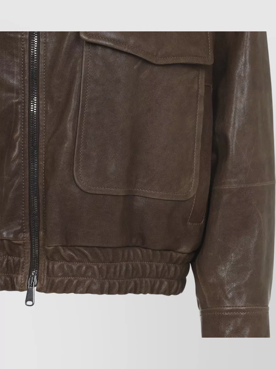 Brunello Cucinelli Leather Bomber Jacket Point Collar Hem