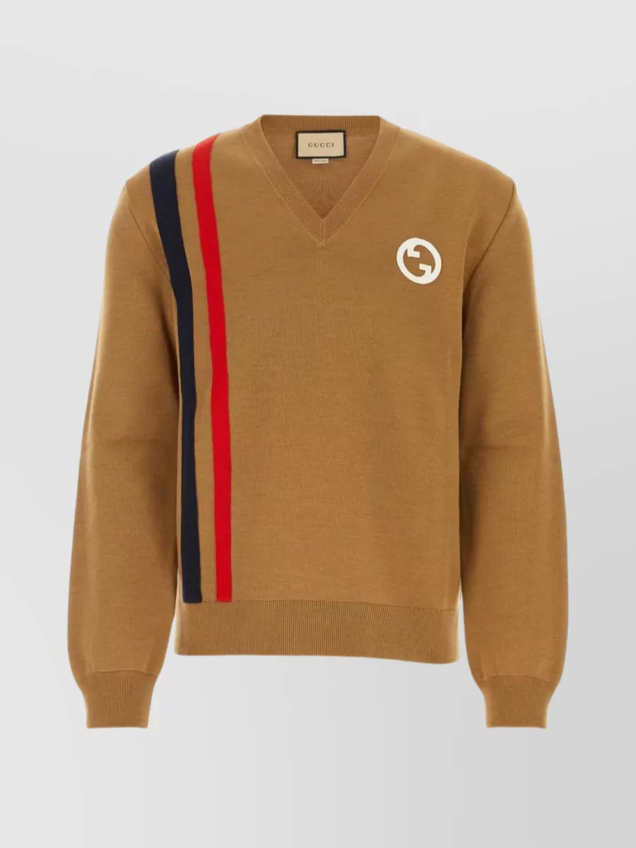 Shop Gucci Crew Neck Striped Sweater In Beige