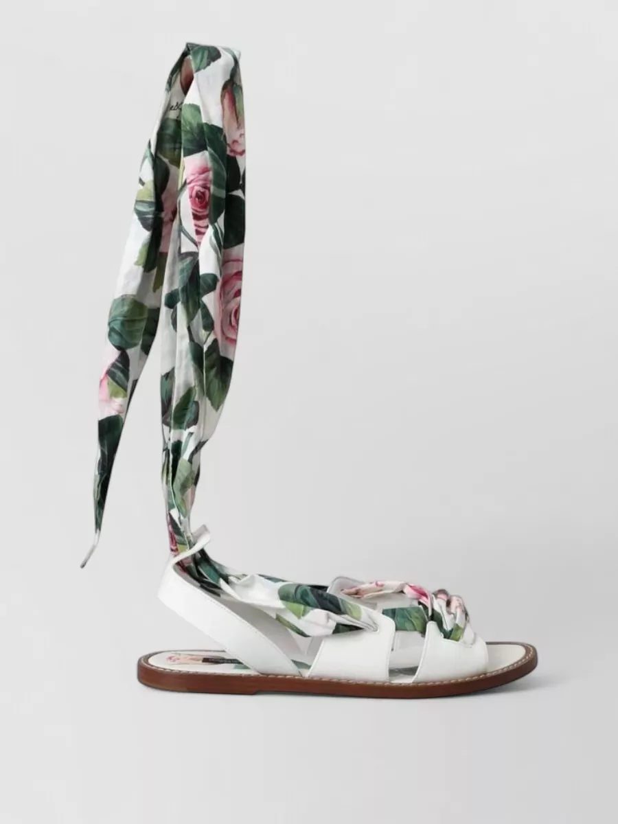 Dolce&Gabbana Leather Floral-Print Ankle-Wrap Sandals